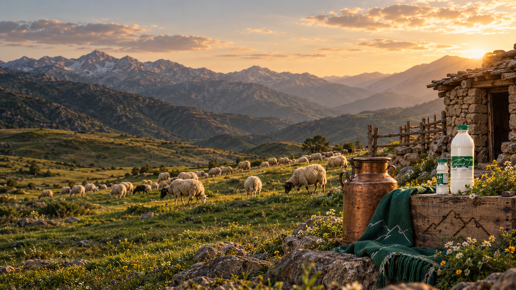 گله گوسفندان در مرتع کوهستانی و بطری‌های دوغ گوسفندی کوهی کنار کلبه سنگی